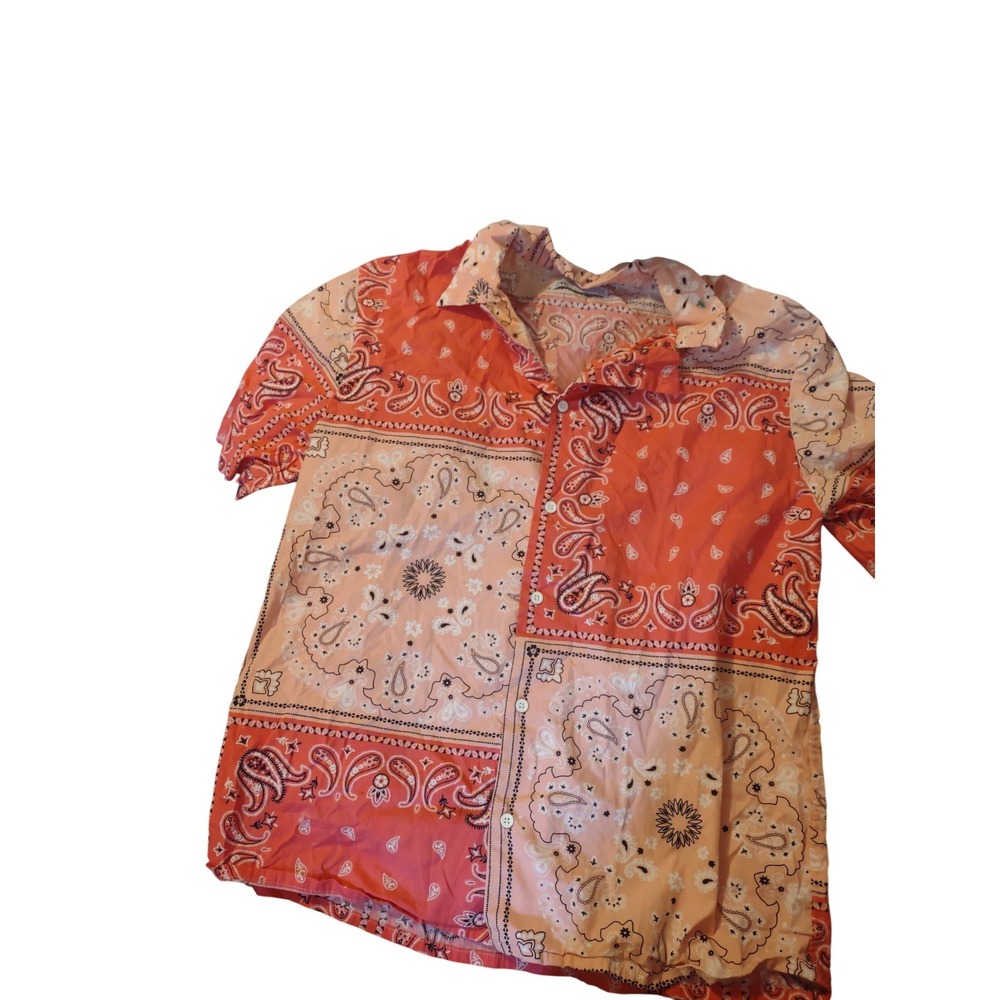 Zara Mens Bandana Paisley Patchwork Short Sleeve Button Down Shirt Orange Medium